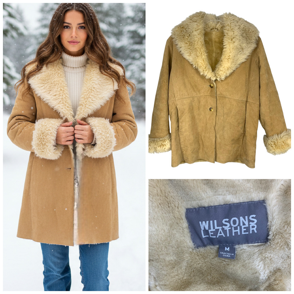 Vintage 90's Wilson's Leather Penny Lane Suede Leather Jacket Coat Faux Fur Sz M